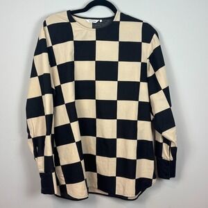 Marimekko Reuna Kukko ja Kana Women Black Tan Checkerboard Top SZ 40/L Oversized